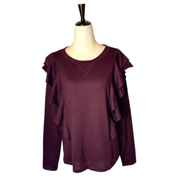NYDJ Sweater Women Small Burgundy Knit‎ Ruffle Front Crew Neck Pullover - Picture 1 of 11